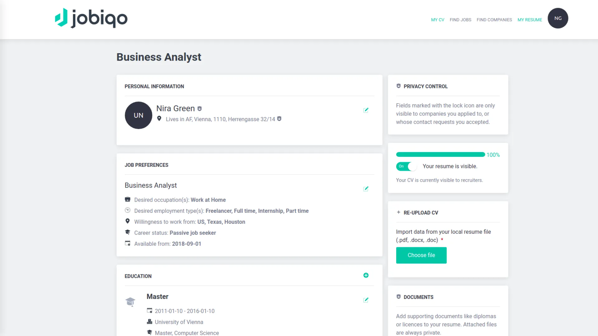 Resume page