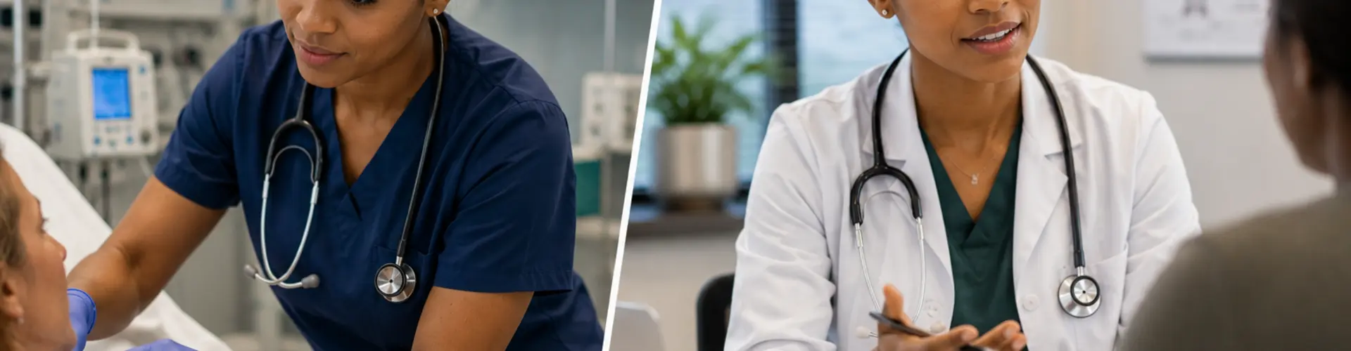 Split-screen image showing a nurse's transition from bedside RN to nurse practitioner.