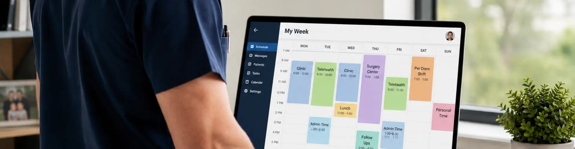 Healthcare provider reviewing a flexible weekly schedule on a laptop, representing work-life balance and career flexibility in advanced practice healthcare.
