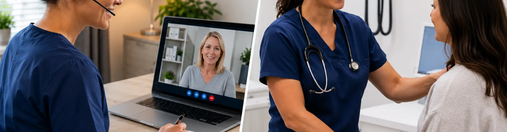 Healthcare provider meeting with a patient by video call and in person, showing how telemedicine and traditional care work together in modern healthcare.
