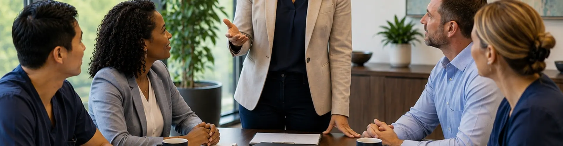 Advanced practice provider leading a collaborative meeting with healthcare colleagues in a modern healthcare administrative office.