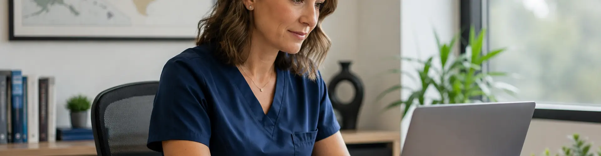 Nurse practitioner reviewing career opportunities and practice options at a desk in a modern office, with a U.S. map displayed in the background.