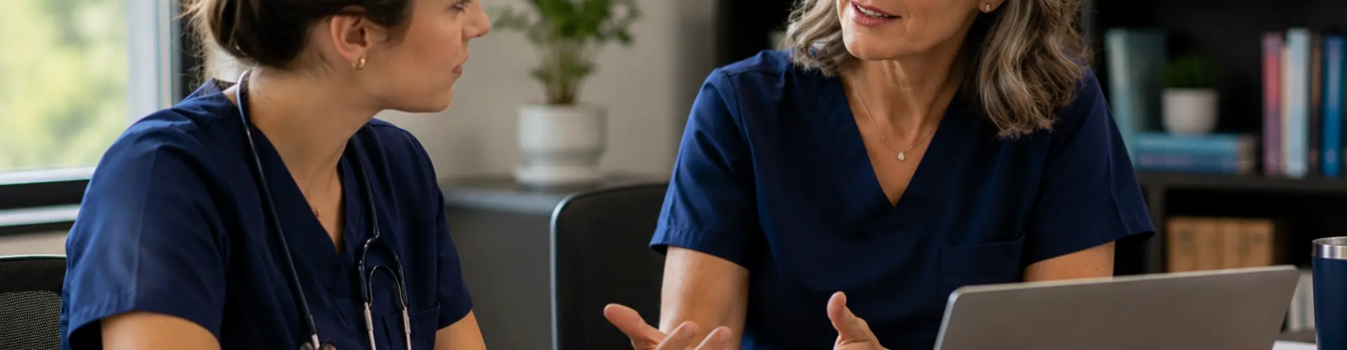 Experienced advanced practice provider mentoring a newly graduated clinician during a professional development discussion in a modern healthcare office.