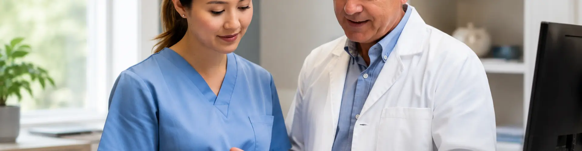 Experienced physician and advanced practice provider reviewing clinical information together on a tablet in a modern healthcare office.