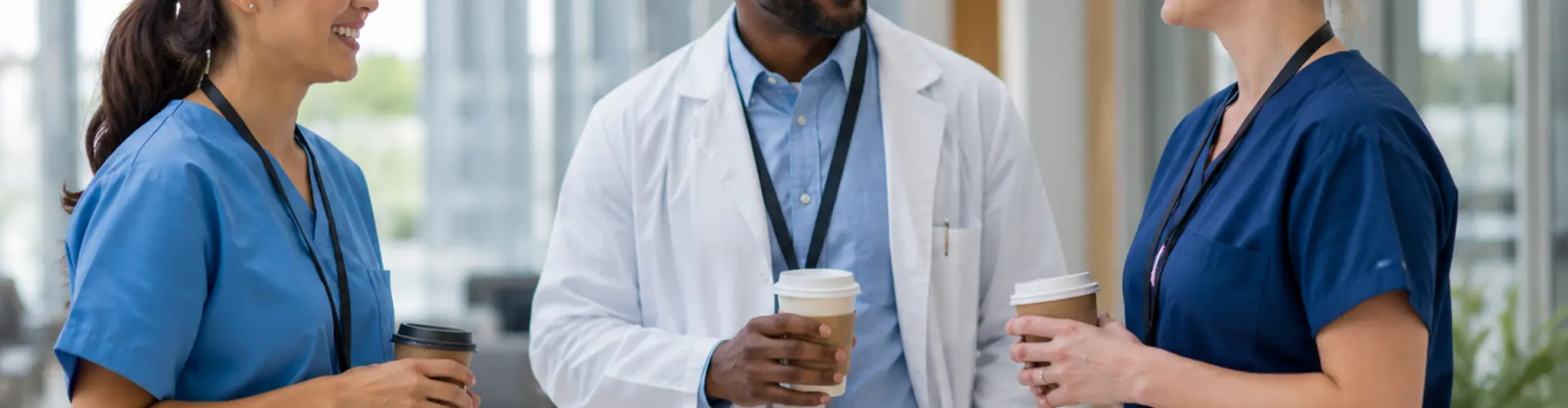 Three advanced practice providers from different clinical specialties talking together in a modern hospital atrium between shifts, illustrating career growth, mentorship, and diverse career paths in healthcare.
