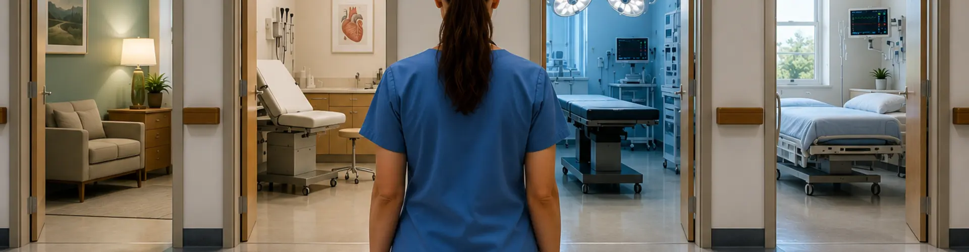 Advanced practice provider exploring different healthcare specialty career paths in a hospital setting.
