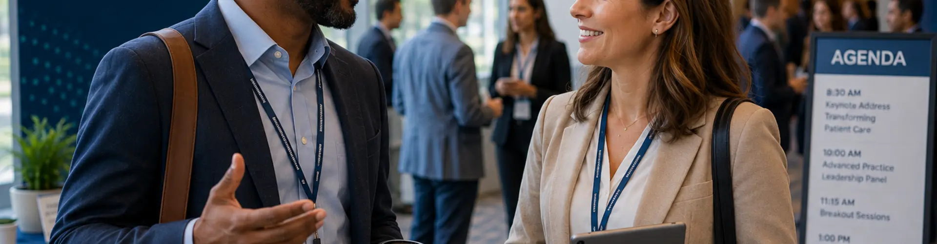 Two healthcare professionals networking at a clinical excellence conference focused on collaboration, professional development, and patient care improvement.