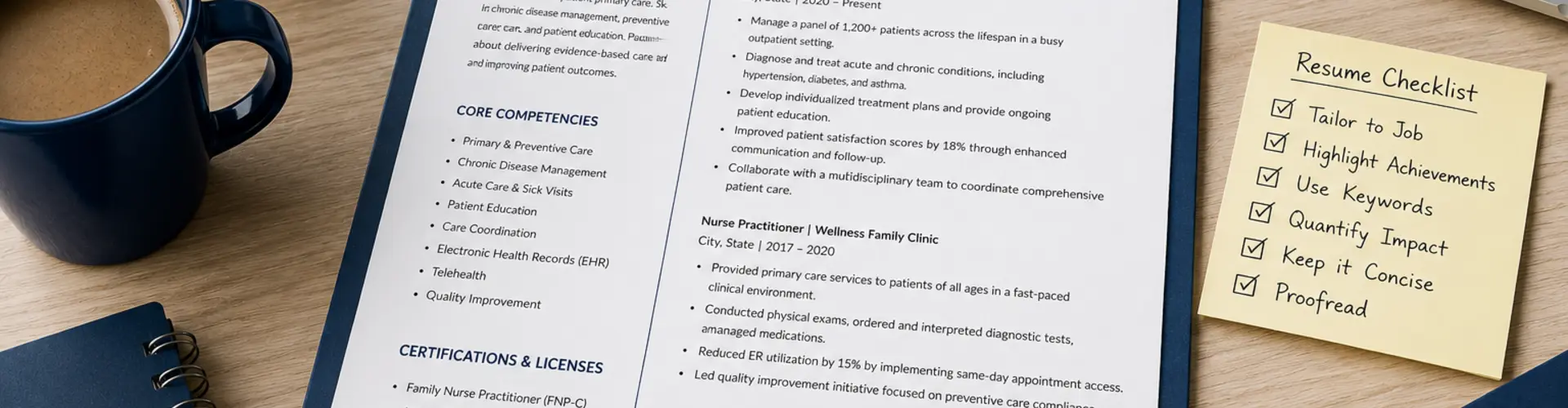 Nurse practitioner resume and job application materials arranged on a desk, representing healthcare career advancement and job search preparation.