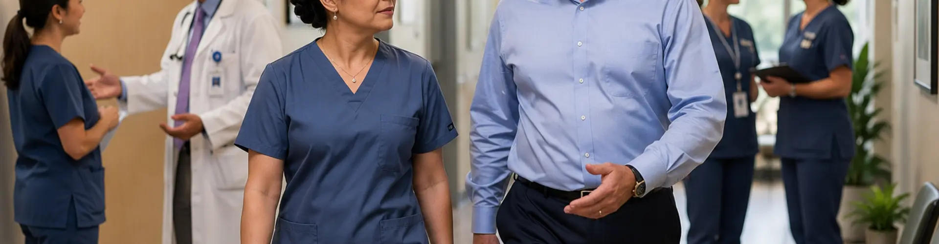 An experienced advanced practice provider tours a medical clinic with a healthcare leader while observing staff interactions and workplace culture.