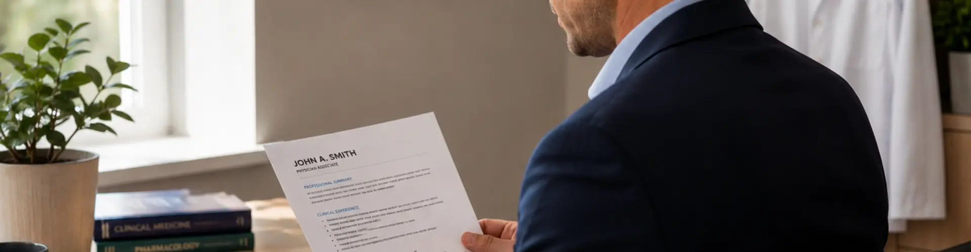 Physician assistant reviewing a resume in a professional office while preparing for a healthcare job interview.