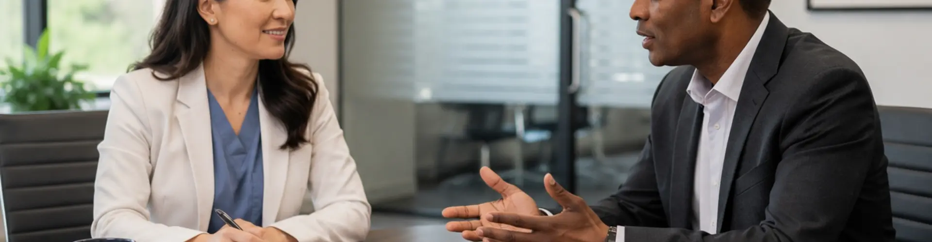 Healthcare provider discussing a job offer and employee benefits with a hiring manager in a medical office conference room.