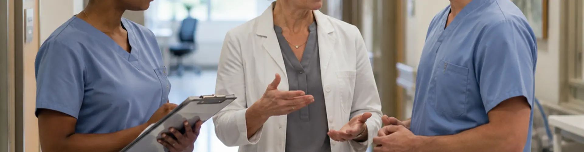 Experienced clinical nurse specialist consulting with two bedside nurses in a modern hospital corridor, providing clinical guidance and supporting collaborative, evidence-based patient care.