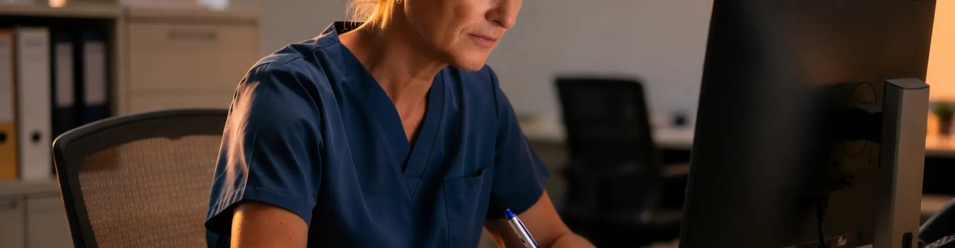 Experienced advanced practice provider reviewing patient follow-up information and documenting care at a clinic workstation after patient appointments have ended.