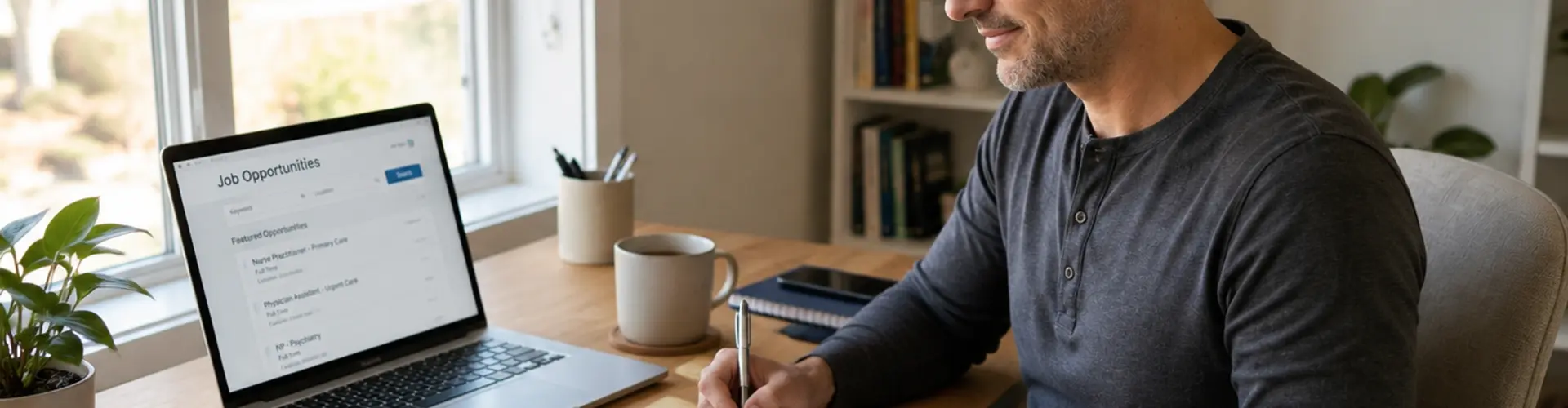 Newly graduated nurse practitioner or physician assistant reviewing job opportunities and interview notes while planning a healthcare job search.