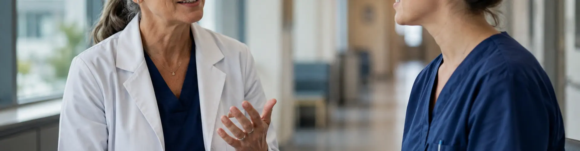 Experienced healthcare provider mentoring a colleague during a conversation about professional growth and career development.