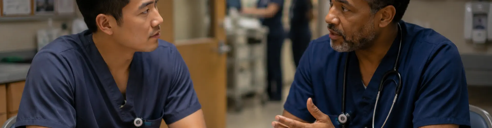 An experienced advanced practice provider mentors a newer clinician during a conversation over coffee in a hospital break room, highlighting professional growth, career guidance, and mentorship in healthcare.