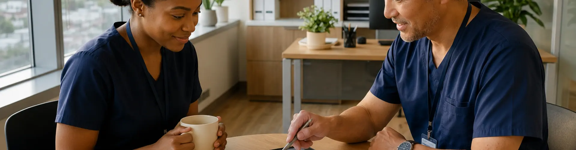 A new advanced practice provider meets with an experienced clinician before clinic, discussing expectations and building a foundation for a successful first year.