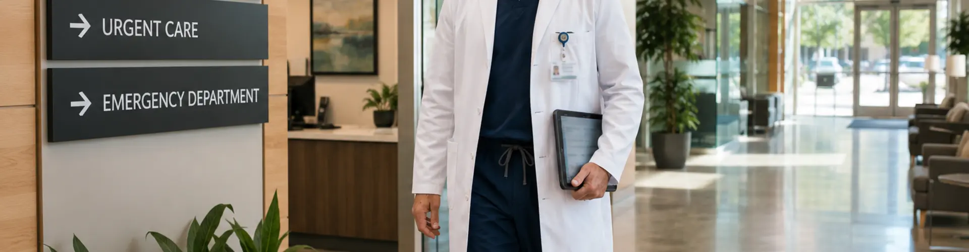 An experienced advanced practice provider walks through a modern medical office building past signs for primary care, specialty clinic, urgent care, and the emergency department, reflecting the diverse career paths available to APPs.