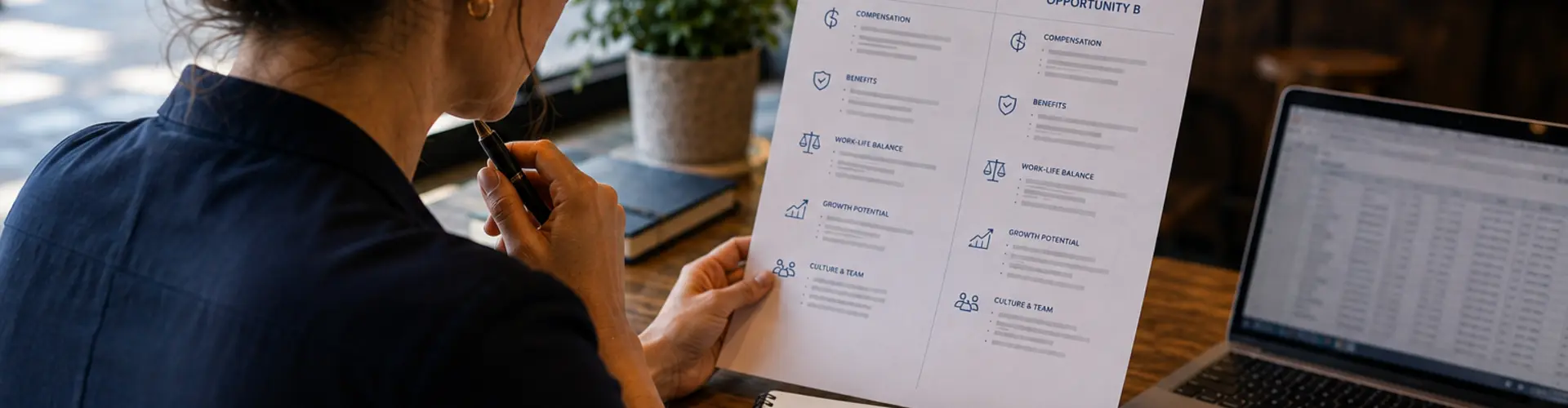 An advanced practice provider compares two job offers in a coffee shop while reviewing compensation details and noting important questions before making a career decision.
