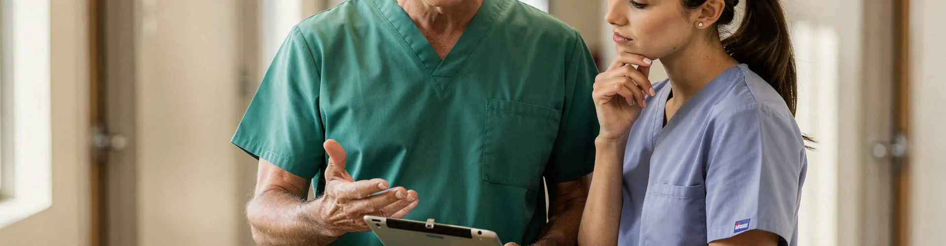 Experienced healthcare provider mentoring a younger clinician while reviewing patient information together in a modern outpatient clinic hallway.