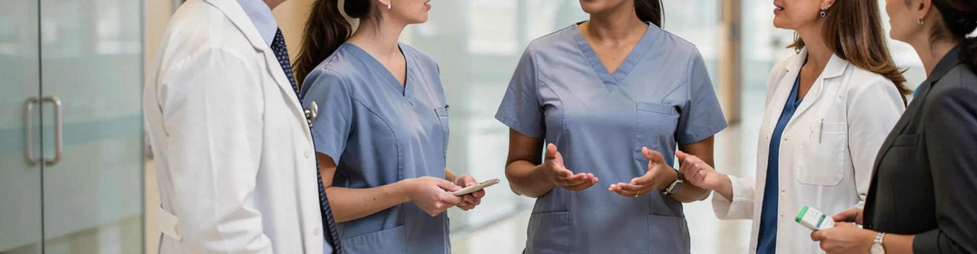 Experienced advanced practice provider leading a collaborative discussion with physicians and healthcare team members in a modern hospital corridor, illustrating the central role of APPs in team-based patient care.