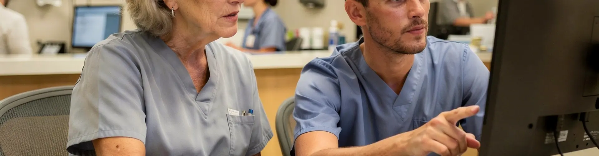 Senior healthcare professional training a newer clinician, representing the healthcare industry's growing shortage of experienced providers and mentors.
