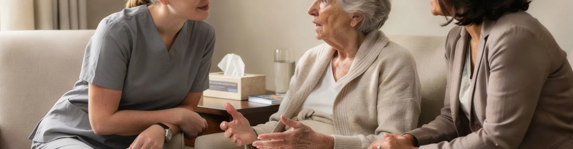 Nurse practitioner discussing a palliative care plan with an older patient and family member in a supportive healthcare setting.