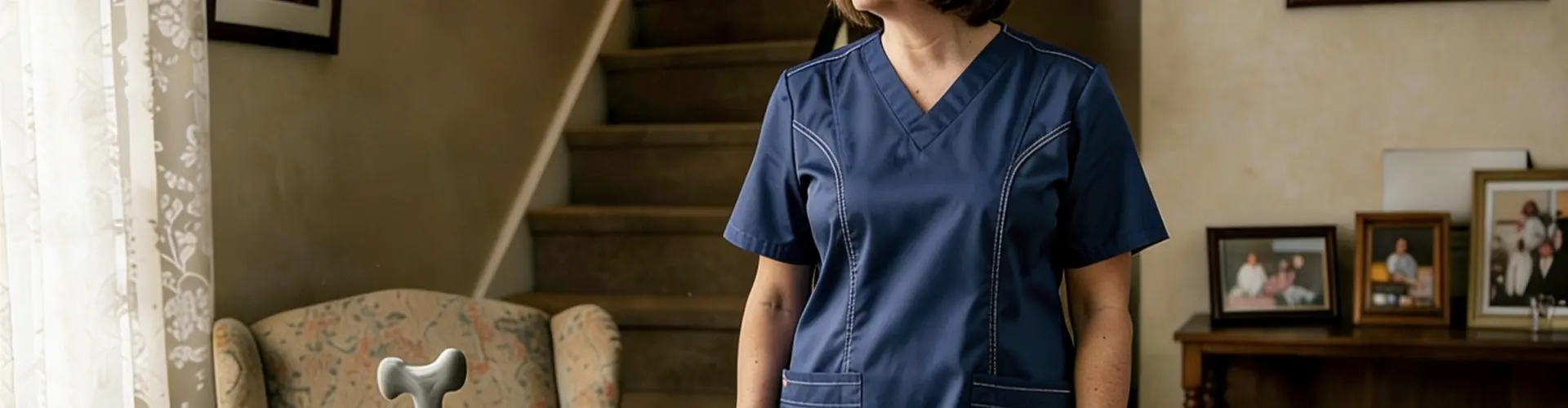Home healthcare provider observing a patient's living environment, including mobility aids, medications, family photos, and stairs that influence daily health and independence.
