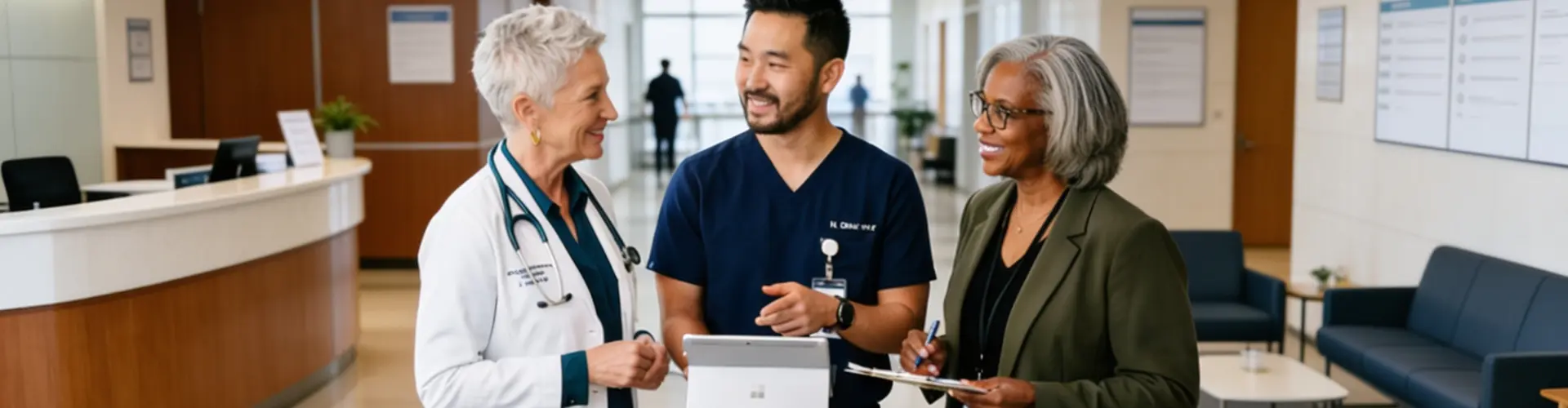 Nurse practitioner, physician assistant, and healthcare administrator collaborating in a modern hospital setting, representing the growing demand for advanced practice providers and expanding career opportunities across healthcare organizations.