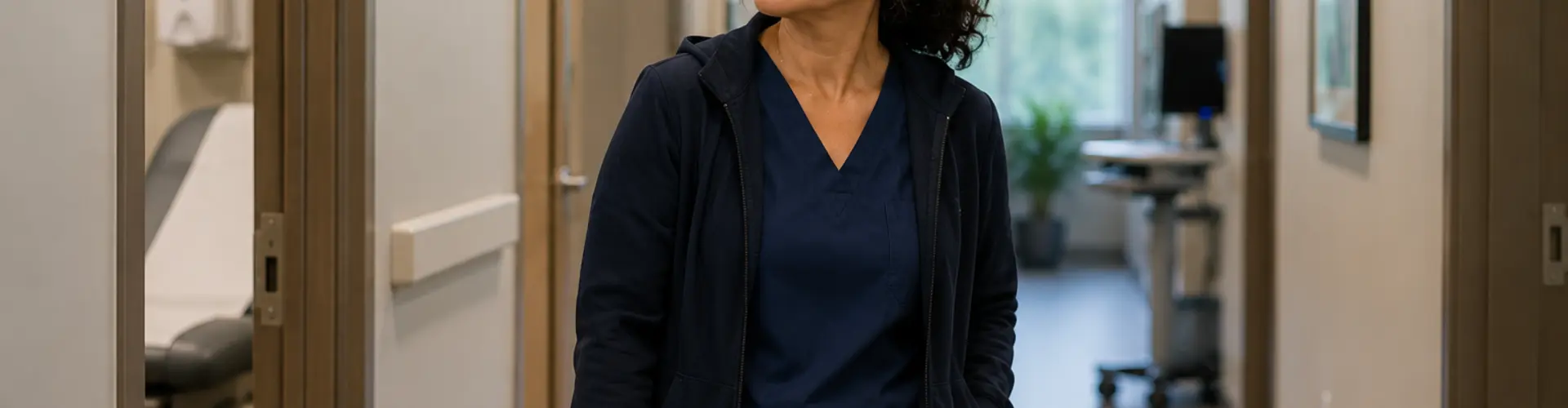 Experienced advanced practice provider standing thoughtfully in a medical clinic hallway between patient appointments, illustrating clinician burnout and exhaustion.