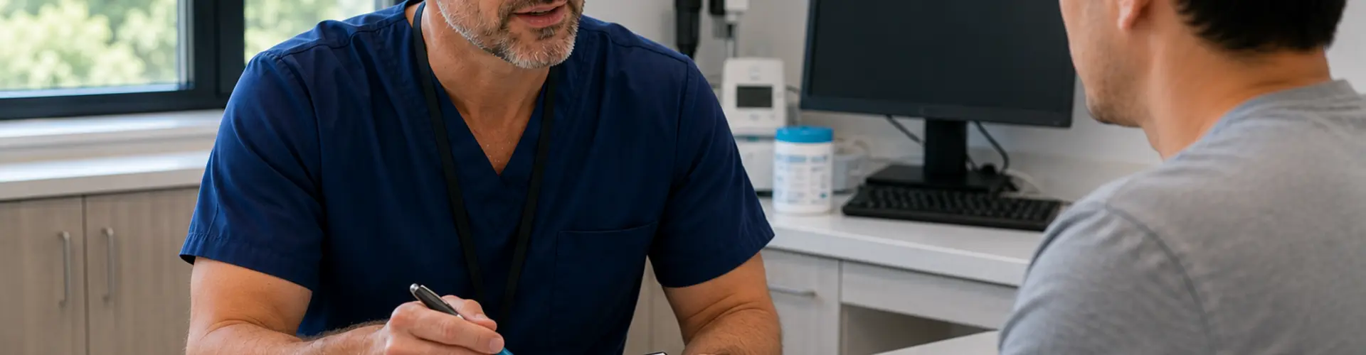 Experienced advanced practice provider discussing a clinical research study with a participant during a visit in a modern outpatient research clinic.