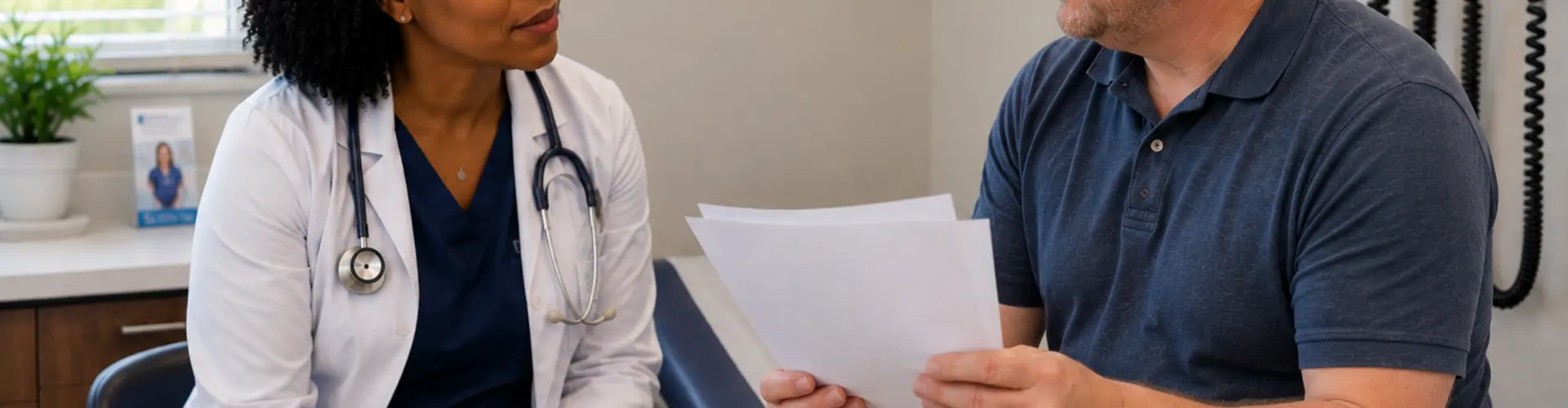 Female advanced practice provider listening as a middle-aged male patient shares printed health information during a consultation in a primary care exam room, illustrating the collaborative nature of modern patient-centered care.