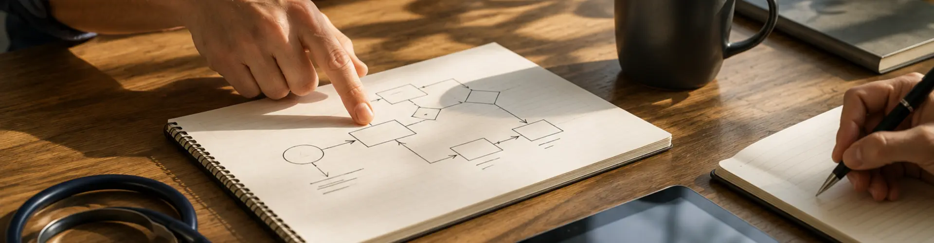 Experienced healthcare professionals collaborate over a workflow diagram during a strategy meeting, with a stethoscope, tablet, and notebook on a conference table, illustrating how clinical expertise helps shape healthcare innovation and decision-making.