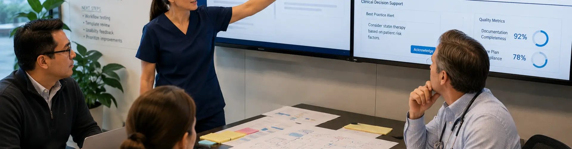 Clinical informatics professionals collaborating with an advanced practice professional to improve electronic health record workflows and clinical documentation.
