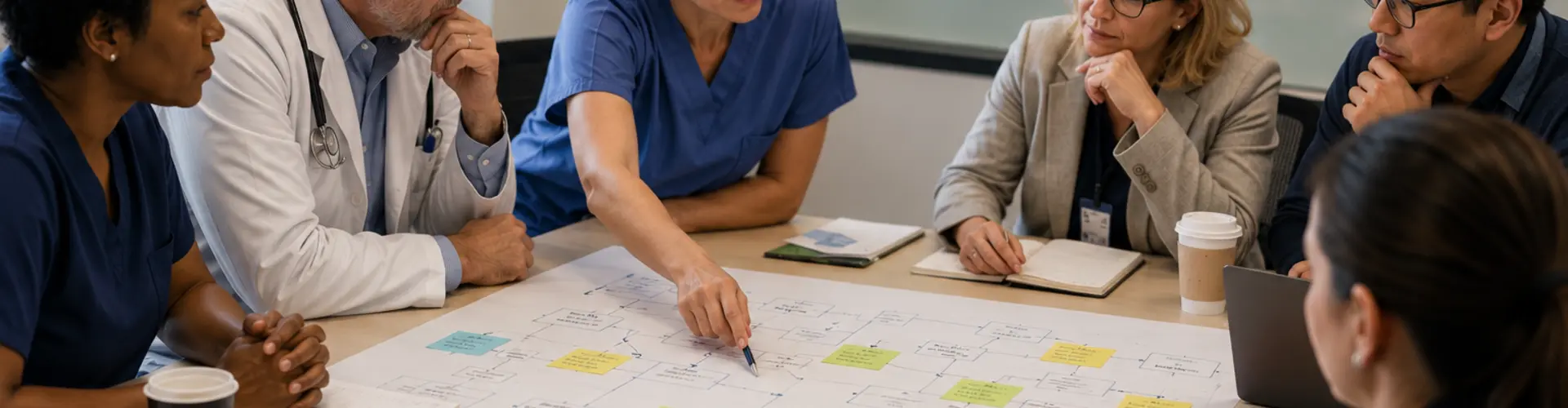 Advanced practice provider collaborating with physicians and healthcare leaders during a workflow improvement meeting, illustrating how projects outside everyday clinical responsibilities can lead to professional growth and new career opportunities.