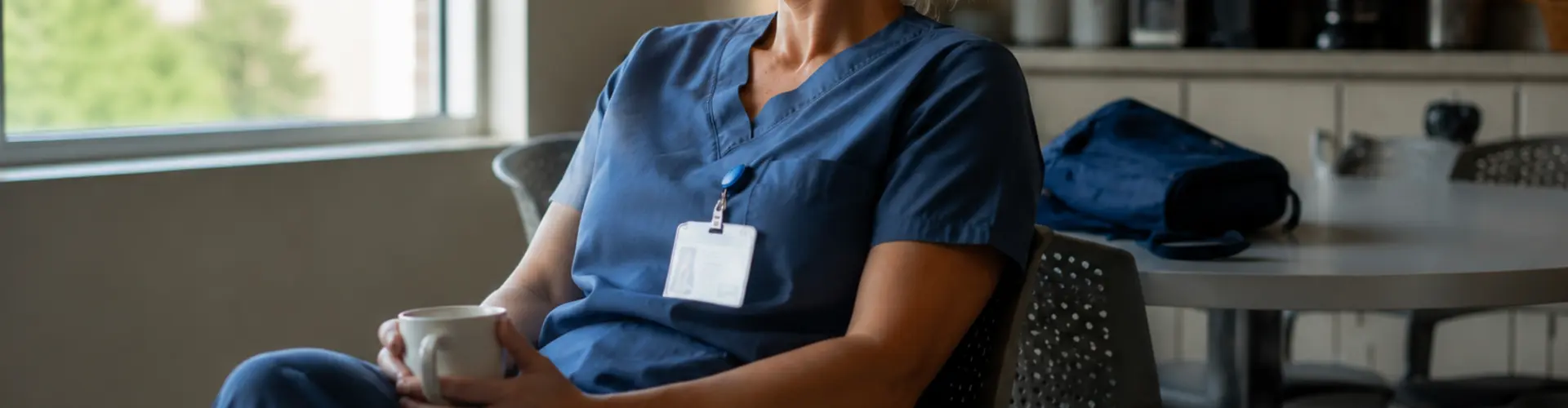 Experienced advanced practice clinician sitting quietly in a hospital staff break room after a workday