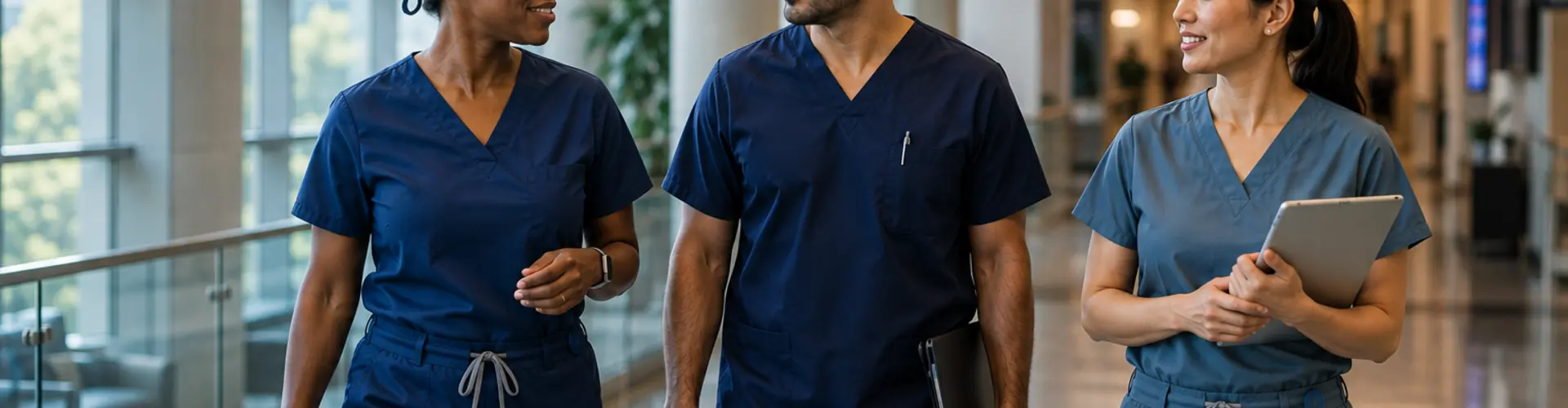 Three advanced practice clinicians in different scrubs walk together through a modern hospital, representing a range of healthcare careers and specialties.
