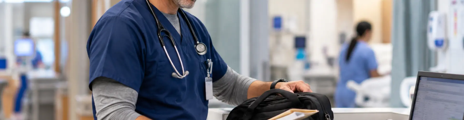 Experienced male advanced practice provider getting situated at a workstation in a new clinical environment.