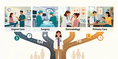 Physician assistant exploring career paths in urgent care, surgery, dermatology, and primary care, illustrating the flexibility to change specialties throughout a PA career.
