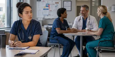 Nurse practitioner experiencing professional isolation while coworkers interact nearby, illustrating the connection between workplace loneliness, burnout, and provider well-being.