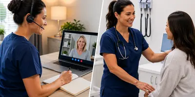 Healthcare provider meeting with a patient by video call and in person, showing how telemedicine and traditional care work together in modern healthcare.