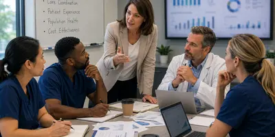 Healthcare professionals meeting around a conference table to review patient care strategies and improve healthcare outcomes.