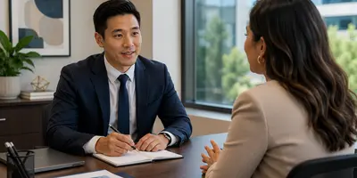 Advanced practice provider participating in a professional job interview with a healthcare leader in a modern office setting.