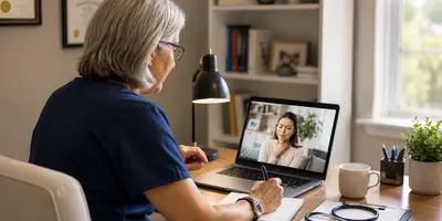 Experienced nurse practitioner conducting a virtual patient visit from a professional home office, speaking with a patient through a laptop during a telehealth appointment.