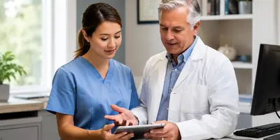 Experienced physician and advanced practice provider reviewing clinical information together on a tablet in a modern healthcare office.