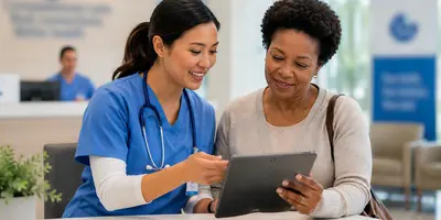 Advanced practice provider helping a patient review healthcare information on a tablet in a modern clinic, illustrating technology-supported patient engagement and communication.
