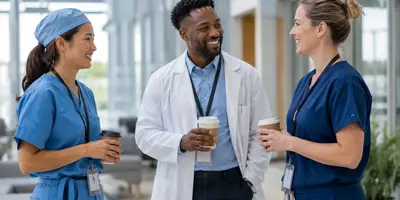 Three advanced practice providers from different clinical specialties talking together in a modern hospital atrium between shifts, illustrating career growth, mentorship, and diverse career paths in healthcare.