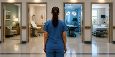 Advanced practice provider exploring different healthcare specialty career paths in a hospital setting.