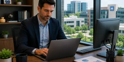 Healthcare professional working in a modern office overlooking a hospital campus, representing non-clinical career opportunities for advanced practice providers.