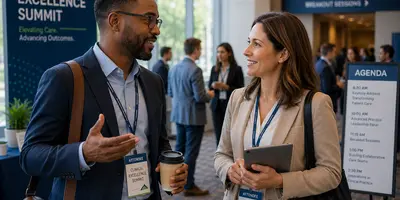 Two healthcare professionals networking at a clinical excellence conference focused on collaboration, professional development, and patient care improvement.